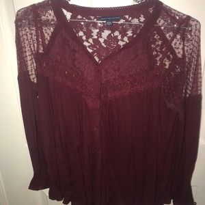 Burgundy button down top with lace